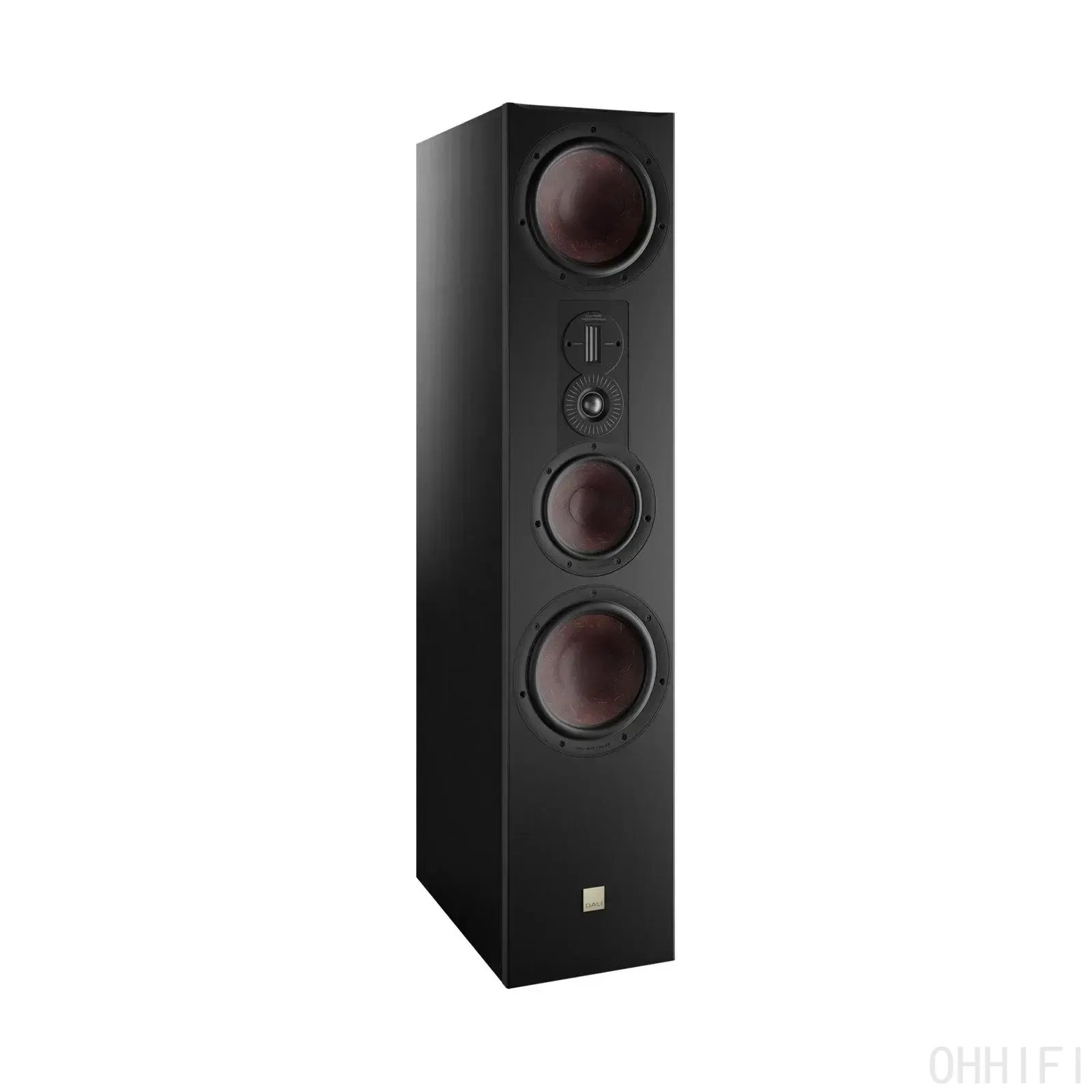 DALI Opticon 8 MK2 floorstanding speaker in Satin Black, grilles off, showing twin wood-fibre woofers and hybrid ribbon tweeter
