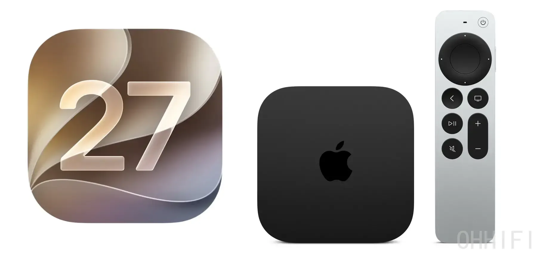 tvOS 27 version icon beside the Apple TV 4K box and Siri Remote on a white background