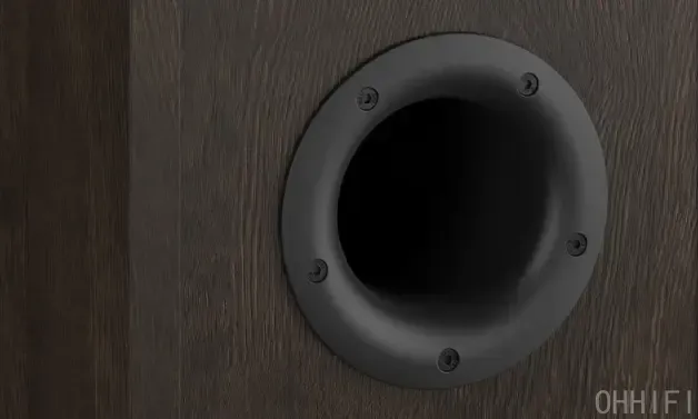 Close-up of the DALI Opticon 8 MK2 dual-flare reflex port on a Tobacco Oak cabinet, with flared edges that reduce airflow turbulence.