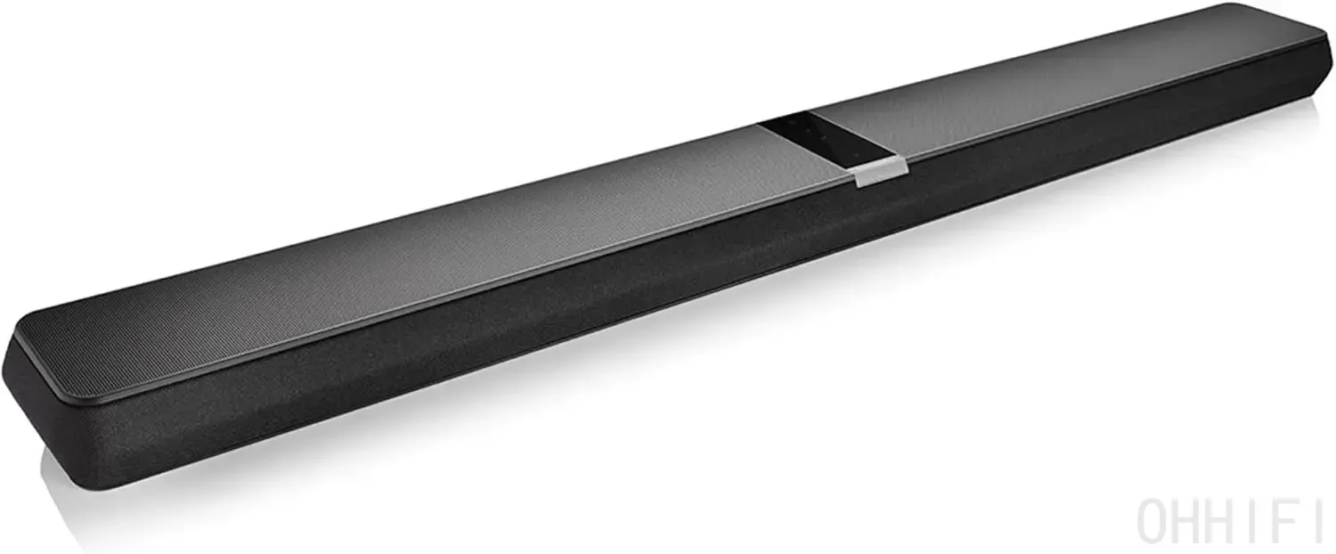 Bowers & Wilkins Panorama 3 black Dolby Atmos soundbar, angled studio product shot showing the perforated metal top grille and cloth-wrapped front.
