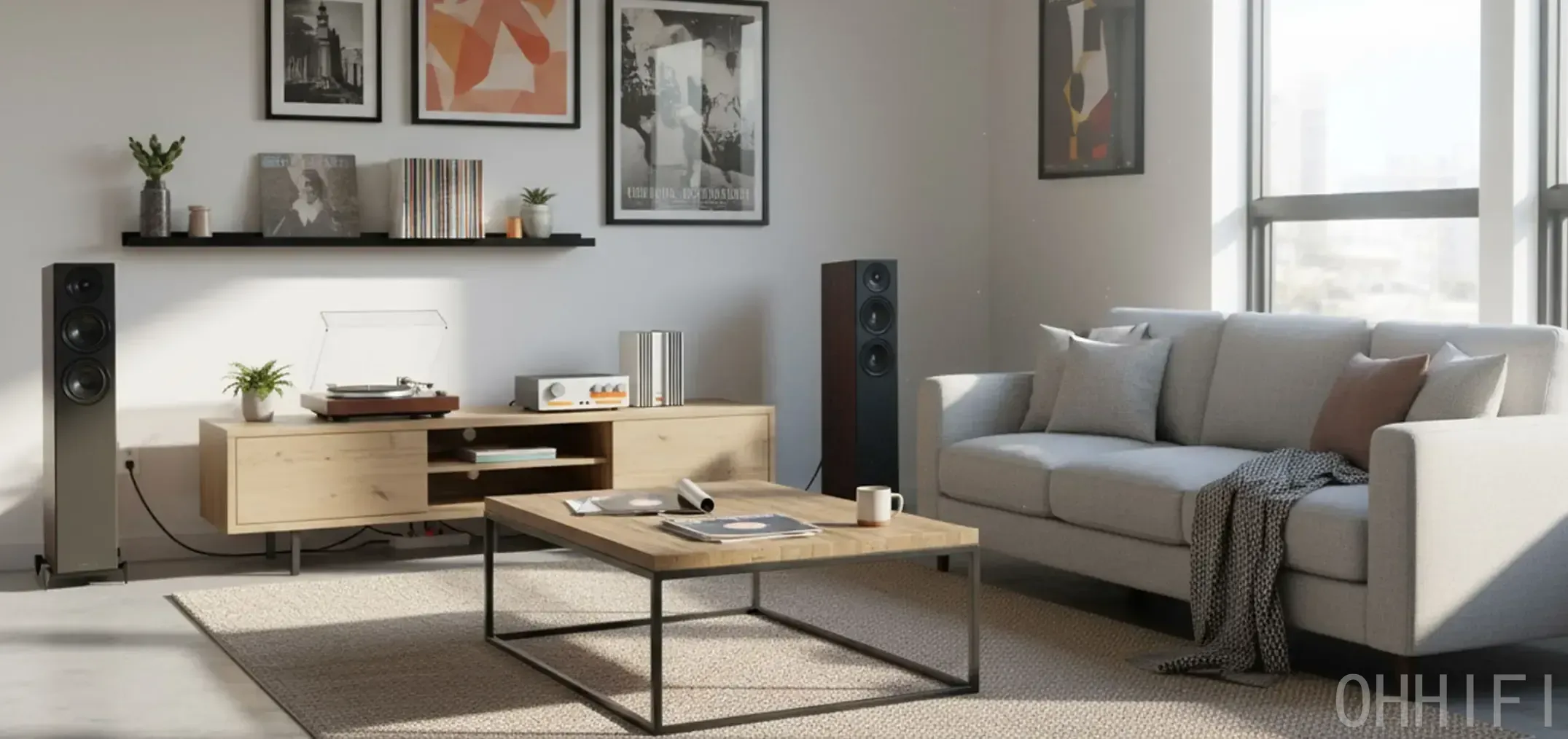 Dark walnut Wharfedale Diamond 12.3i floorstanders in a modern living room with a vinyl turntable and grey sofa