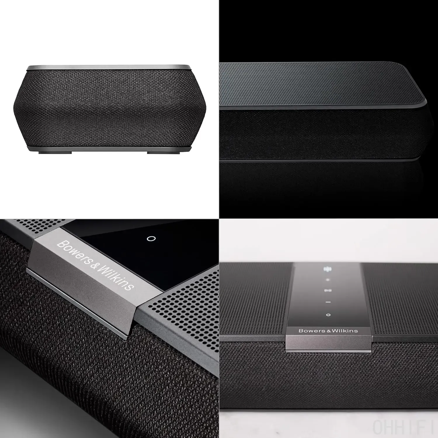 Four-panel detail collage of the Bowers & Wilkins Panorama 3 soundbar showing its end profile, cloth-wrapped body, perforated metal top and branded touch-control panel.