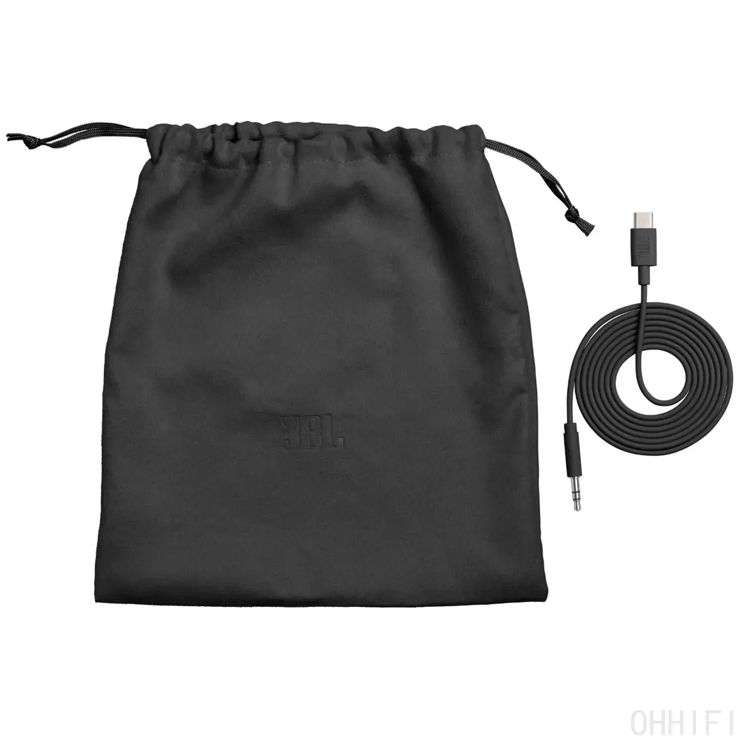 JBL Live 780NC in-box accessories: a black drawstring pouch and a USB-C to 3.5 mm audio cable, on a white background.