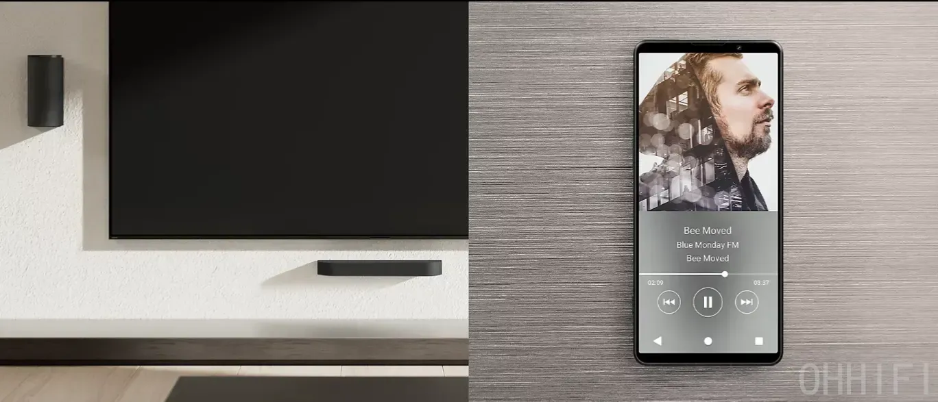 Split image: wall-mounted TV with Trio speakers on one side, smartphone music streaming app controlling playback on the other.