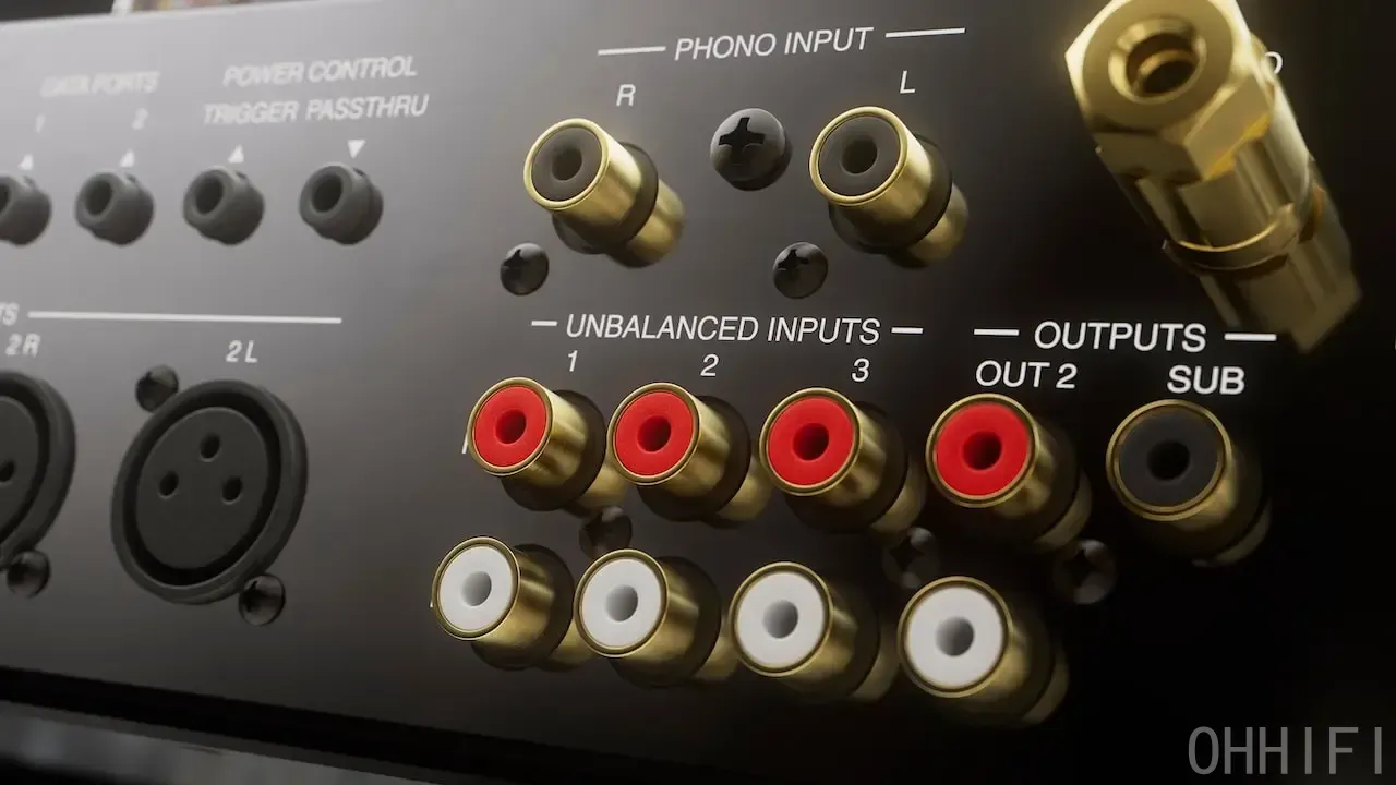 Macro view of the McIntosh MA2375 amplifier's gold-plated RCA connectors, including phono, unbalanced inputs and subwoofer output