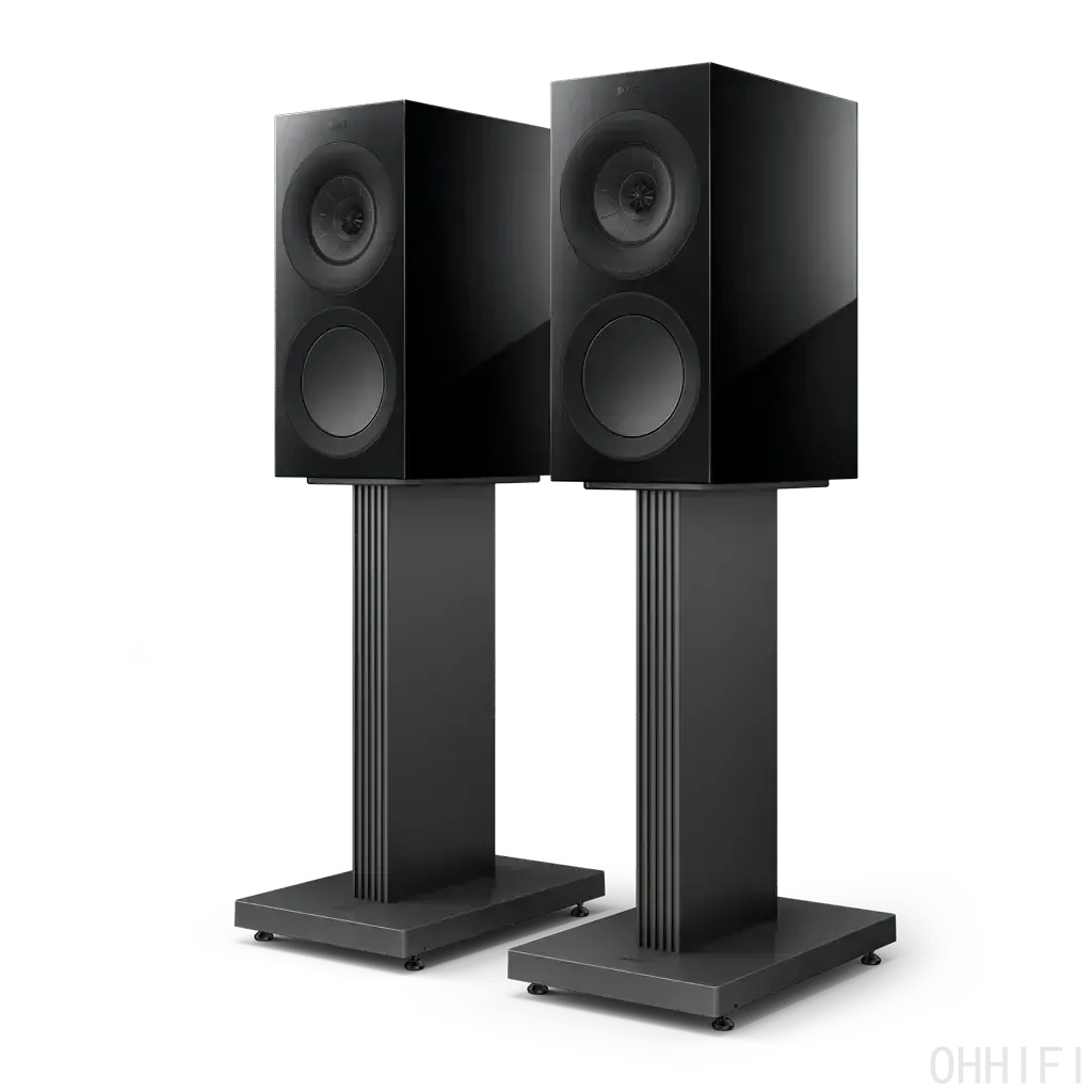 KEF two-way bookshelf speakers pair in gloss black finish with Uni-Q driver array, mounted on matching fluted black speaker stands