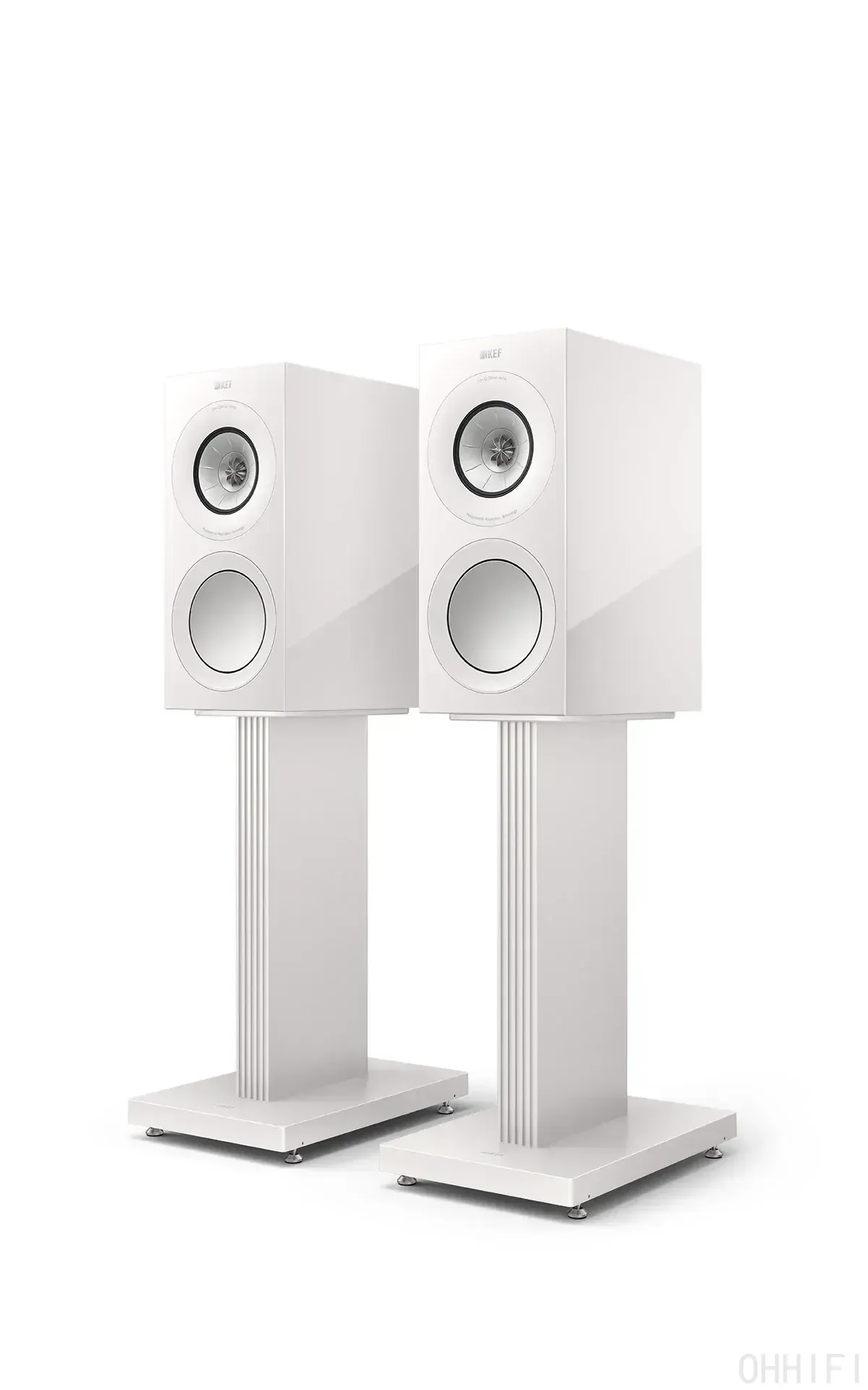 KEF two-way bookshelf speakers pair in gloss white finish with Uni-Q driver array, mounted on matching fluted white speaker stands