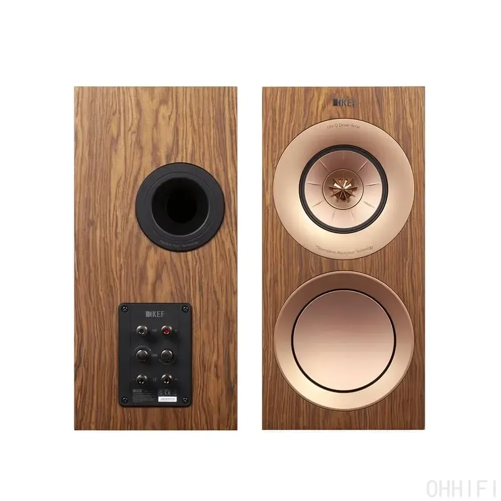 KEF R3 Meta bookshelf speaker in walnut finish, front and rear views showing Uni-Q driver array with MAT and bi-wire terminals